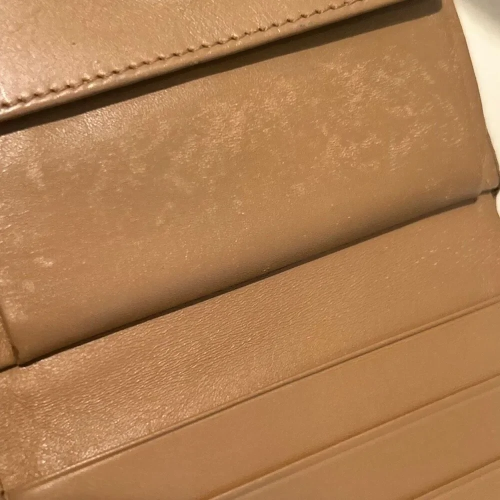 Gucci Compact Bifold Wallet Camel Tan Leather Stripe Flap Neutral Luxury Preppy